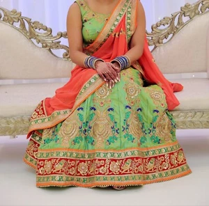 Green and orange peacock lengha Choli outfit - Picture 1 of 3