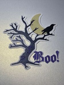 Halloween Moon & Raven In Tree With Boo! Text Scrapbook Title - 4”x4”