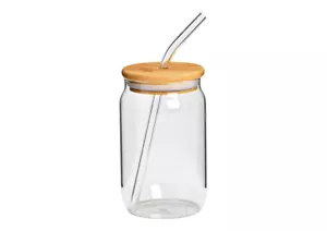 Trinkglas mit Bambusdeckel und Glasstrohhalm Eiskaffee Smoothie - Bild 1 von 8