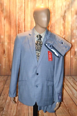 NWT Savile Row Men Hoxton Brit Slim Grey & Blue Check Suit Sz 42L Wst 36x33 - Image 1 of 4