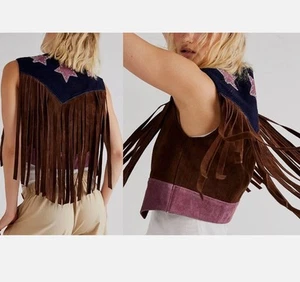 648 $ Free People dezente Lederweste amerikanische Frau Fransen Sterne Festival S - Bild 1 von 6