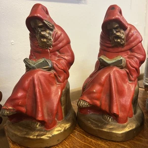 Antique Wizard Monks Marion Armor Bronze Co Red reading book Bookends Spiritual - Picture 1 of 15