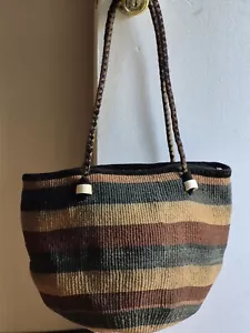 Vintage Sisal Suede Market Jute Tote Woven Raffia Basket Shopper Bag - Picture 1 of 23