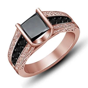 2.20 Ct Lab Created Black Princess Diamond Rose Gold Rhodium Silver Best Ring - Picture 1 of 1
