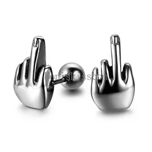 Silver Color Stainless Steel Middle Finger Cool Mens Stud Earring Set One Pair - Picture 1 of 4
