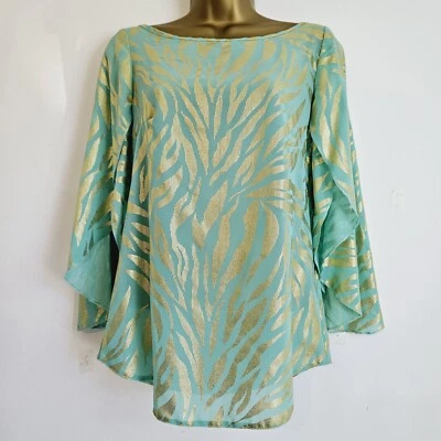 NEW Ex Wallis 8-18 Green Gold Print Sparkle Bell Sleeve Crepe Chiffon Blouse Top - Image 1 of 4