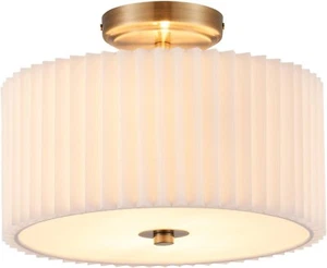 VONLUCE Semi Flush Mount Ceiling Light pleated white drum round bronze hardware - Picture 1 of 6