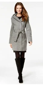 Calvin Klein Pea Coat Wool Blend Hooded Fray Asymmetrical Herringbone Size L - Picture 1 of 12