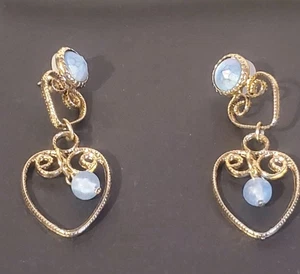 Vintage Gold Tone Dangle Heart Earrings – Blue Glass Beads – Romantic Scroll... - Picture 1 of 7