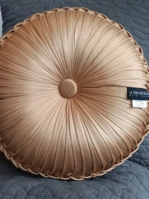 J. Queen New York "Astoria" Tufted Round Throw Pillow Gold Sheen Sand Taupe Tan - Image 1 of 4