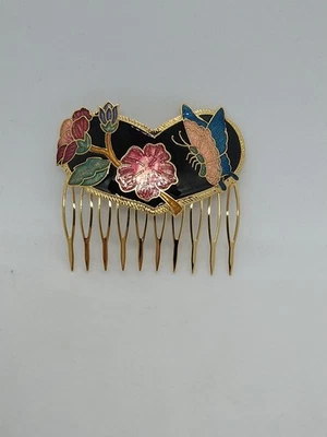Vintage Cloisonne Enamel Hair Slide Comb Butterfly Floral Design Gold Tone Metal - image 1 of 4