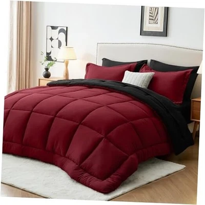  Juego de Edredón Rojo y Negro, 7 Piezas Cama en Bolsa Completo Queen Vino y Negro Foto 1 de 4