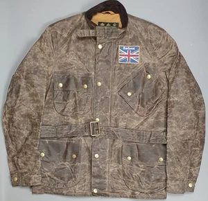 Barbour International Union Jack UK Flag Wax Waterproof Biker Jacket Med Belted - Picture 1 of 9