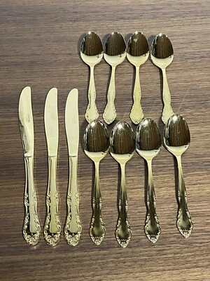 8 cucharaditas y 3 cuchillos de acero inoxidable chapado en oro/amarillo JAPÓN Foto 1 de 4