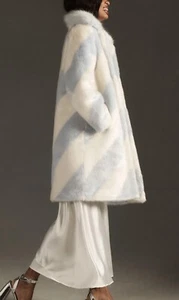 Maeve Anthropologie Faux Fur Coat- Ice Blue White Striped Unisex New With Tag XS - Picture 1 of 20