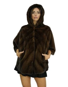 Mahogany 50/56 mink cape with full leather transverse workmanship hood and side - Picture 1 of 6