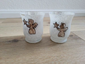2 Teelichthalter Kerzenständer Glas Engel braun weiß  - Bild 1 von 4