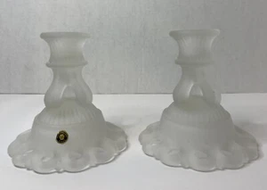 Westmoreland Doric Lace Frosted Satin Glass Candle Candlestick Holders Set of 2 - Picture 1 of 9
