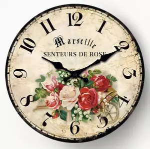 WALL CLOCK- Country Rose Wooden Round Wall Clock, Silent No Ticking 10" - Picture 1 of 4
