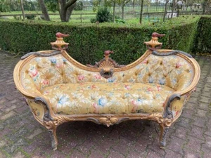 Sofa Louis XVI Vintage French Style Gold Damask Fabric Beech Wood Carved Frame - Picture 1 of 16
