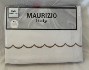 4 pc Maurizio White & Taupe King Sheet Set Made in Italy NIP - Picture 1 of 12