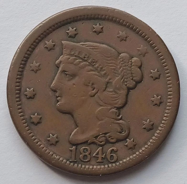 1846 Braided Hair Tall Date Large Cent Penny 1C - VF - Image 1 of 2