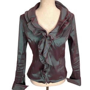 Samuel Dong Blouse Women Small Burgundy Green Iridescent Ruffle Drama Romantic - Picture 1 of 12