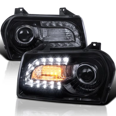 Glossy Black Fit 2005-2010 Chrysler 300 Smoke LED Signal Projector Headlights Foto 1 de 4