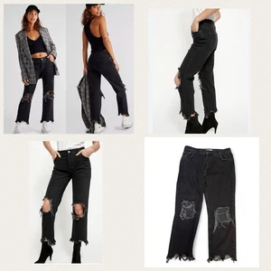 We The Free People Jeans Black Hi Rise Straight Leg Distressed Notched Hem Sz 30 - Picture 1 of 7