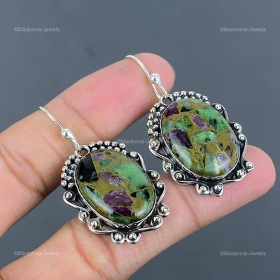 925 Пробы овальный натуральный медь рубин Zoisite подвеской капли безель серьги - Изображение 1 из 4