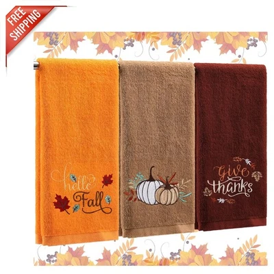 3 Pcs Thanksgiving Hand Towels Set - Embroidered Cotton Pumpkin Decor - Image 1 of 4