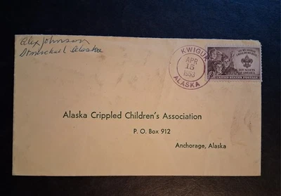 US 1953 Alaska Mail Cover PM Kwigur, Apr 15, Crippled Children's Association - Image 1 of 3
