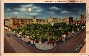 Vintage Leinen Postkarte Hemming Park Mondlicht Jacksonville FLA Duval News Co - Bild 1 von 2