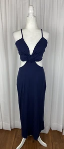 Walter Baker Women's Size Large Navy Blue Sexy Knit Maxi Dress Open Tie Back New - Picture 1 of 7