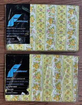 Vtg Fieldcrest Perfection French Ribbon Yellow Floral Sheets Flat Fitted FULL - Image 1 of 4