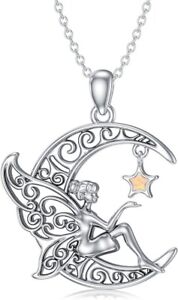 925 Sterling Silver Fairy Moon Necklace Pendant Jewelry Gift for Women