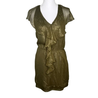 Vestido Greylin a Rayas Doradas Oliva Volantes en Cascada Dorado Metálico Rayas - Pequeño Foto 1 de 4