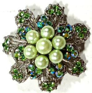 Vintage Exquisite Silver Color w/ Green Faux Pearls & AB Crystal Flower Brooch - Picture 1 of 4
