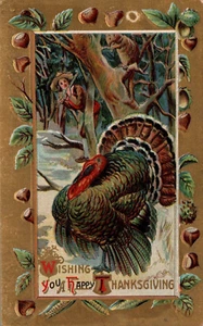 POSTCARD THANKSGIVING BOY WITH GUN FOLLOWING TURKEY IN FOREST EMBOSSED - 1912 - Picture 1 of 2