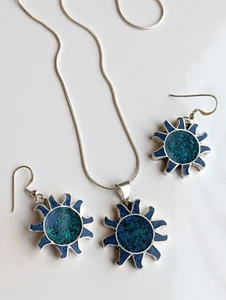Sterling Silver Matching Turquoise & Lapis Lazuli Sun Necklace & Earrings - Picture 1 of 14
