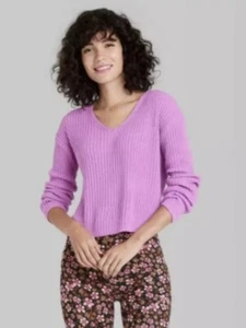 Wild Fable Women's Size Large V-Neck Ribbed Pullover Cropped Sweater Neon Purple - Picture 1 of 5