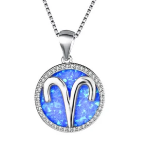 S08 Segni Zodiacali Ariete Cerchio Opale Blu Argentato Ciondolo Con Catena - Imagen 1 de 1