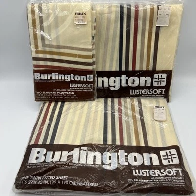 Vintage Burlington Lustersoft Fitted Sheets Pillowcases Brown Stripes Standard - Image 1 of 4