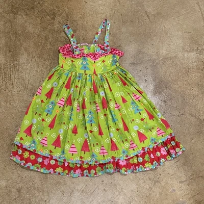 Vestido Giratorio Jelly The Pug Verde/Rosa/Rojo Árboles Tejido en Capas con Volantes-5 Años Foto 1 de 4