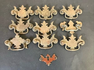 Batwing Brass Metal Handle Drawer Pulla Dresser Vintage Replacement Lot of 9 - Picture 1 of 9