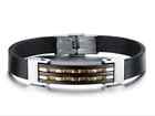 Men's Stainless Steel 316L Two Tone Black Genuine Leather Bracelets 8"