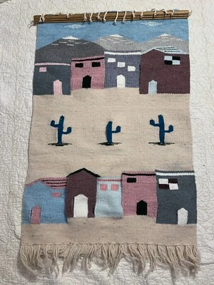 Vintage Handmade Latin American Mexican Wool Tapestry Pastel Kilim Desert Cactus - Image 1 of 4