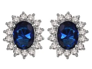 Sapphire Stud Earrings White Gold Filled Silver Kate Middleton's Princess Diana - Picture 1 of 5
