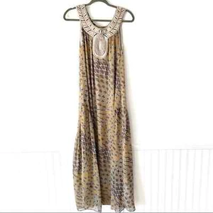 I Love Binetti Anthropologie Embroidered Neck Tan Long Maxi Dress size 4 - Picture 1 of 7