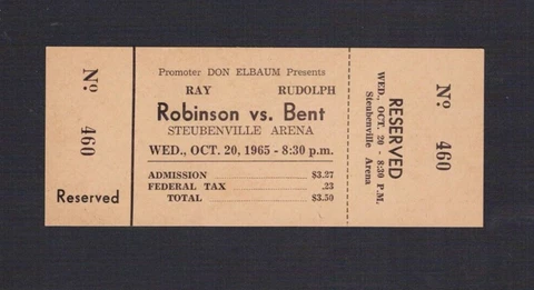 RARE 1965 full boxing ticket SUGAR RAY ROBINSON v RUDOLPH Stuebenville Ohio NRMT Cover